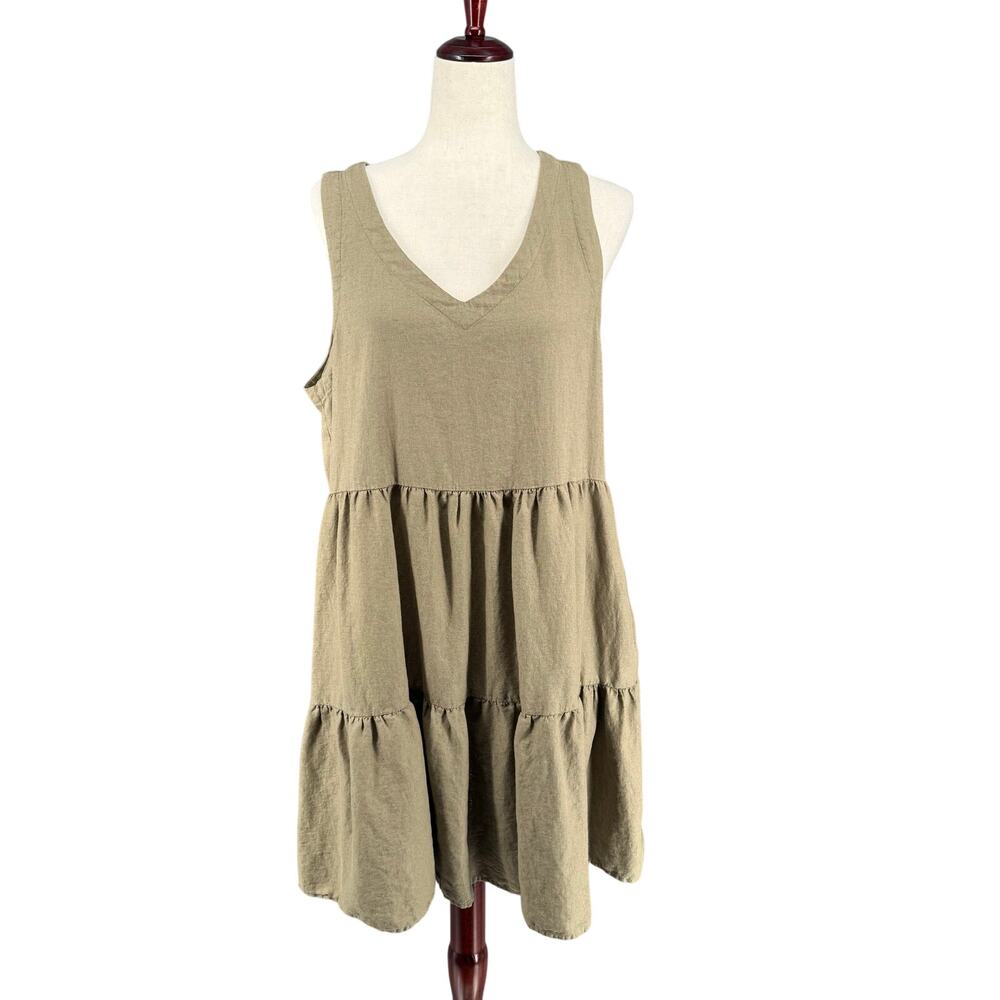 Matty M‎ Tiered Babydoll Linen Blend Cottagecore Lagenlook Loose Dress XL Beige